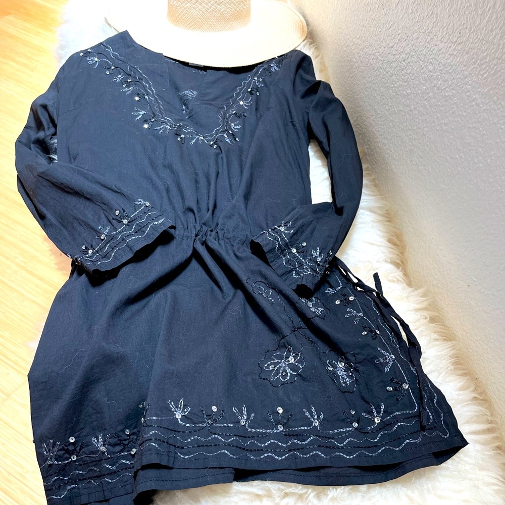 Black cotton drawstring mini coverup